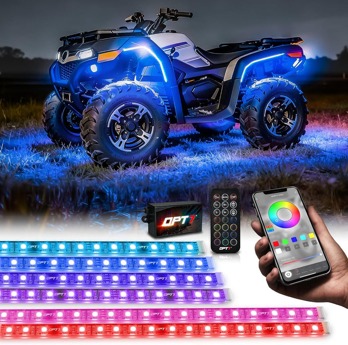 OPT7 Aura RGB LED Light Kit for Motorcycle, ATV, UTV & Snowmobile | App & Remote Controlled Multicolor Underglow Lighting, Waterproof LED Strips, Music Sync, Universal 12V Powersports Accent Lights