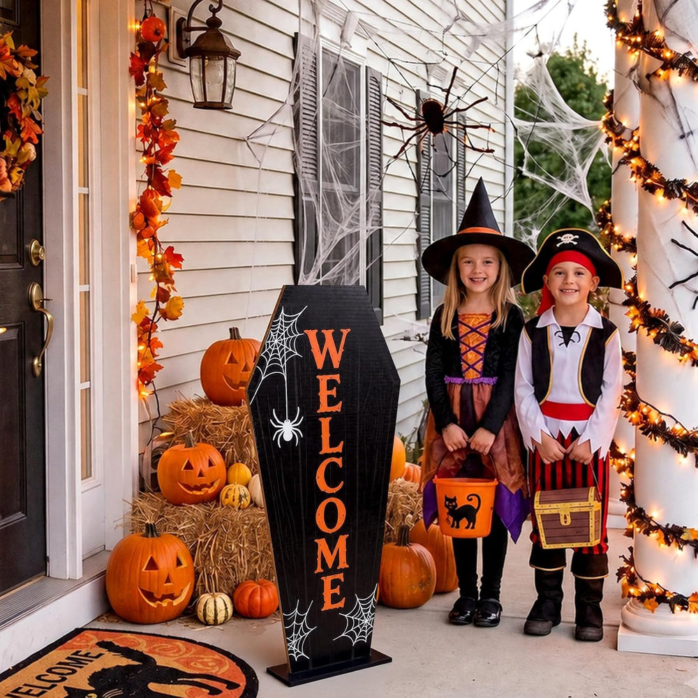 2.95FT Wooden Halloween Coffin Welcome Porch Sign for Front Door