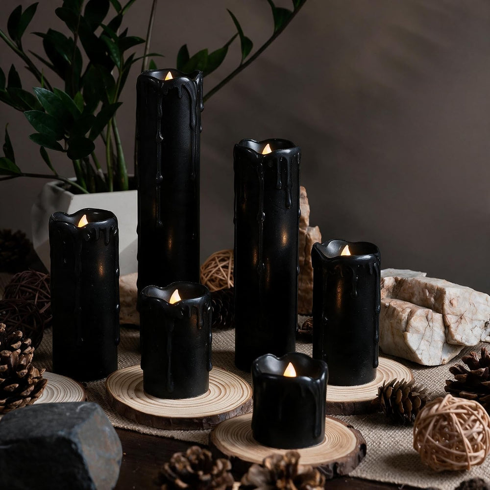 6 Pack LED Flickering Flameless Black Melting Drip Pillar Candles with Timer,...