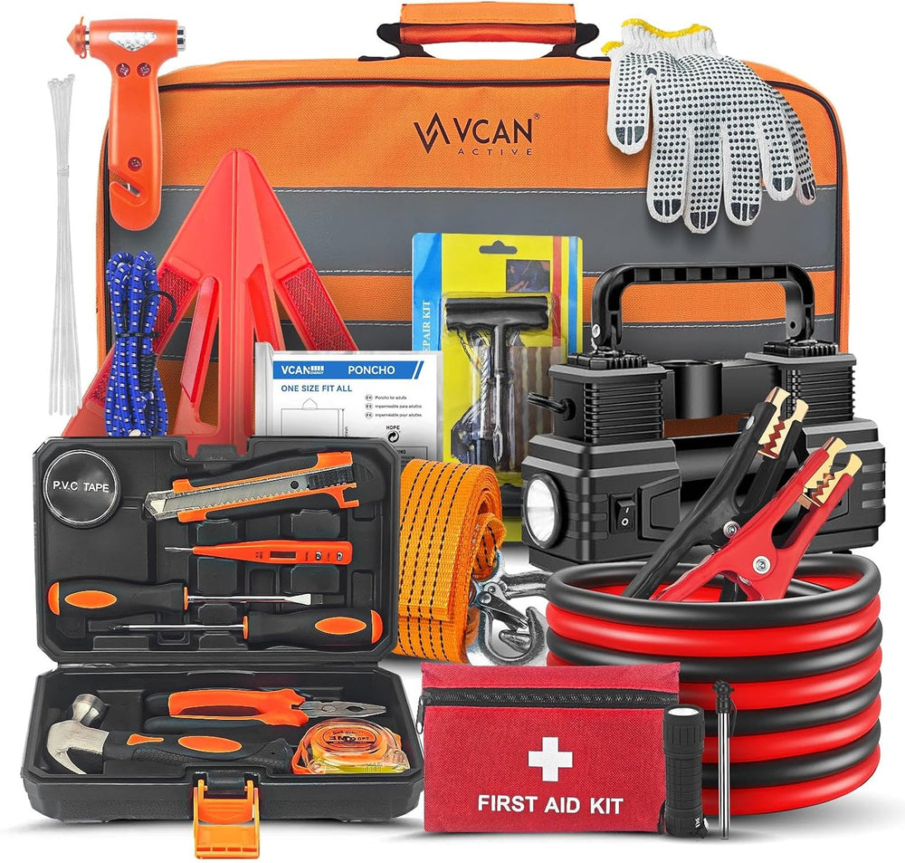 Car Emergency Kit with Portable Air Compressor, First Aid Kit, Jumper Cables