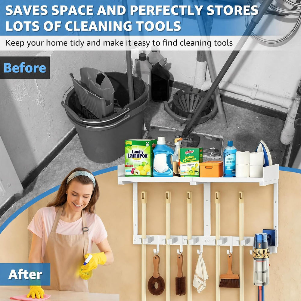 HUFAND Broom Holder Wall Mount, 27" Mop and Broom Organizer with Top Shelf