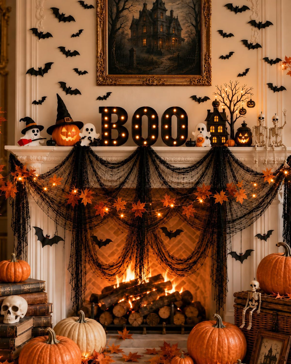 132PCS Halloween Mantel Decor Set, Boo Letters, Ghosts, Gothic Wall Decor