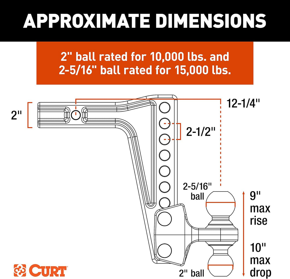 CURT 45936 Deep-Drop Adjustable Trailer Hitch Ball Mount with Dual Ball, 2&qu...
