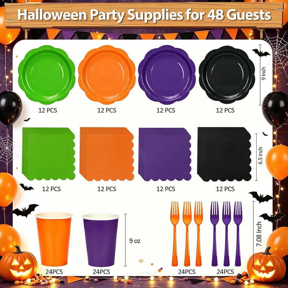 192Pcs Purple Orange Balck Plates and Napkins Party Supplies, Disposable 9’’ ...