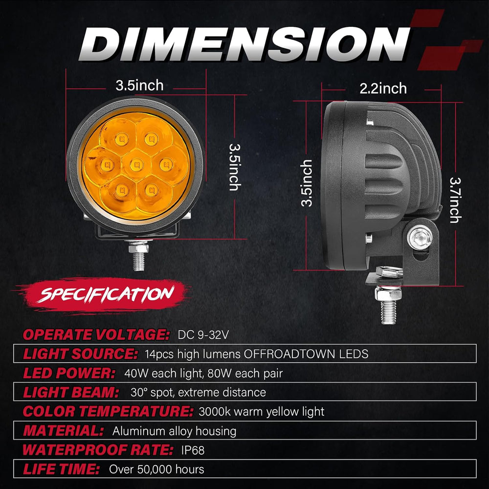 OFFROADTOWN 3.5Inch 80W Round LED Pods Lights Amber Offroad Fog Lights