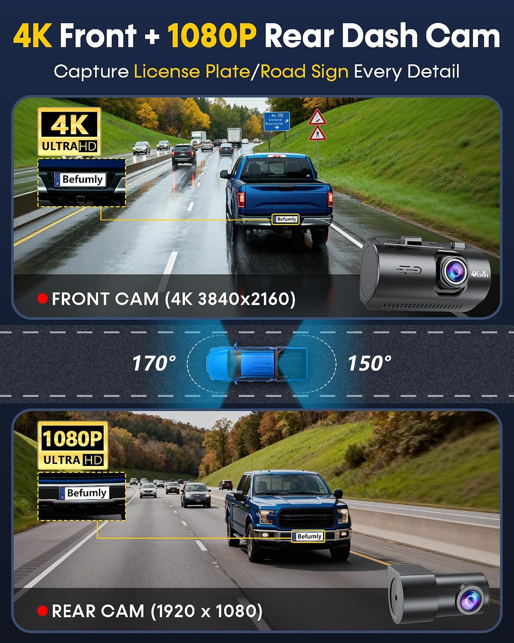 Front and Rear Dash Cam for Truck: 4K+1080P Dual Dash Camera for Ford F150