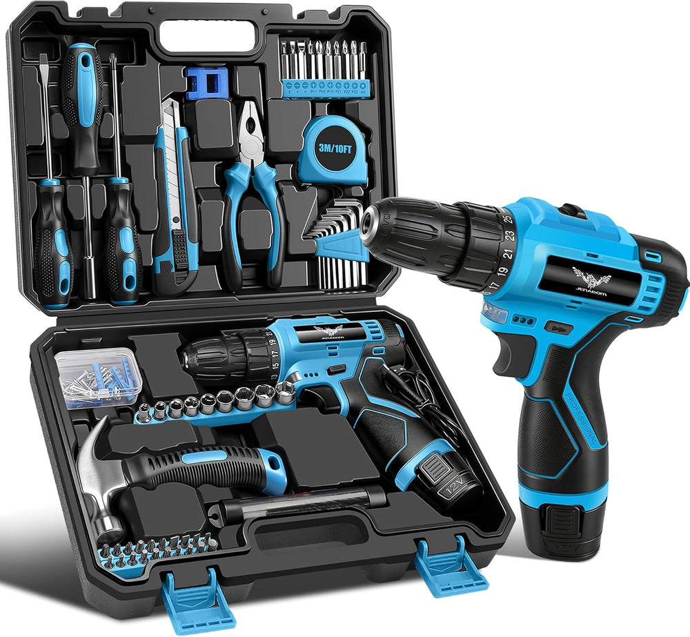 JENABOM Tool Set, 146-Piece Home Tool Kit with 12V Blue Cordless Drill