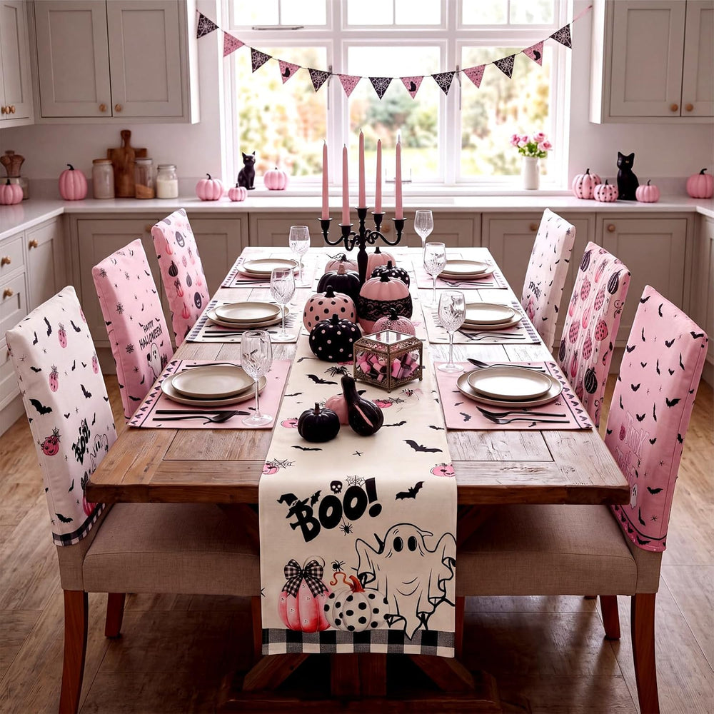 Newtay 13 Pcs Pastel Halloween Table Runner Placemats and Chair Cover Set