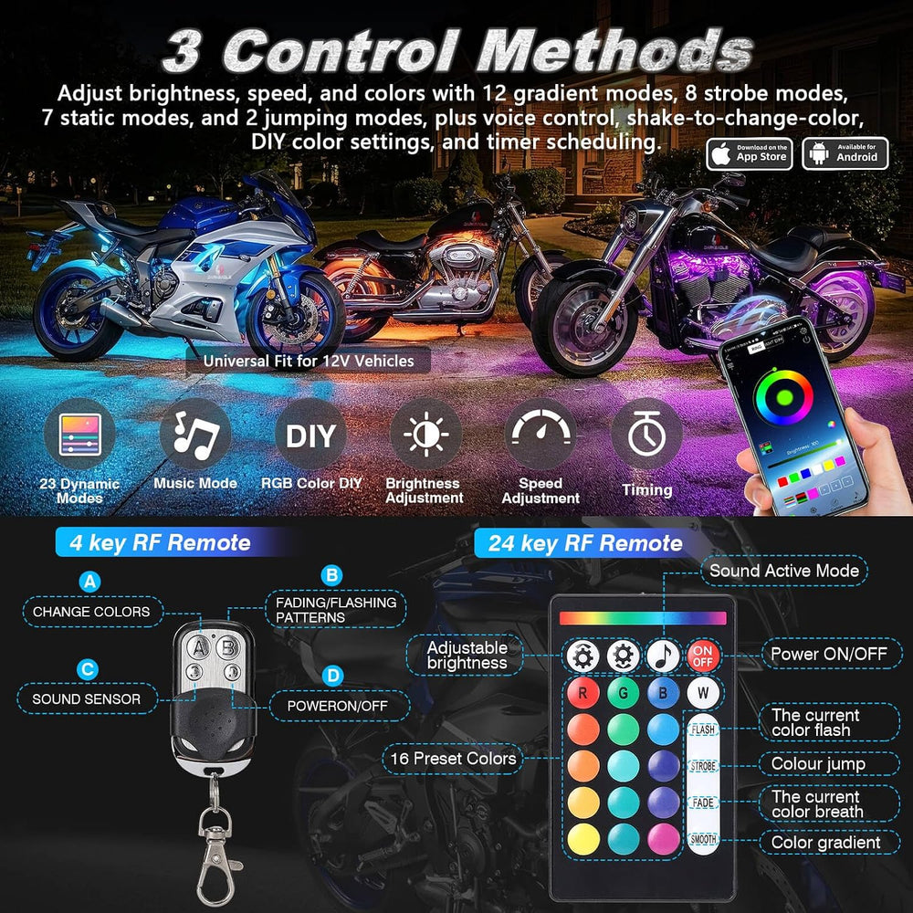8PCS Motorcycle RGB LED Accent Lights with APP & RF Remote, Waterproof Fr...