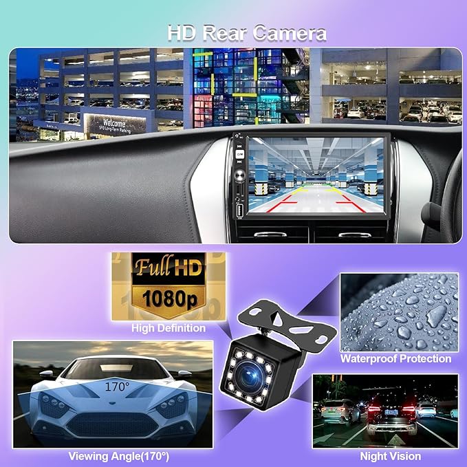 7” Wireless Apple CarPlay Double Din Car Stereo, FM Car Radio, IPS Touchscreen