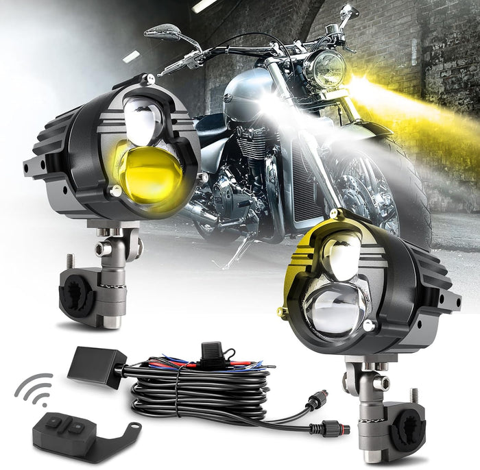 CO LIGHT 100W Motorcycle Fog Lights 3,0000 LM Amber White Strobe Pod - 5 Modes Offroad Work Spotlight LED Driving with 6FT Waterproof Wiring Harness Kit - 2 Pack