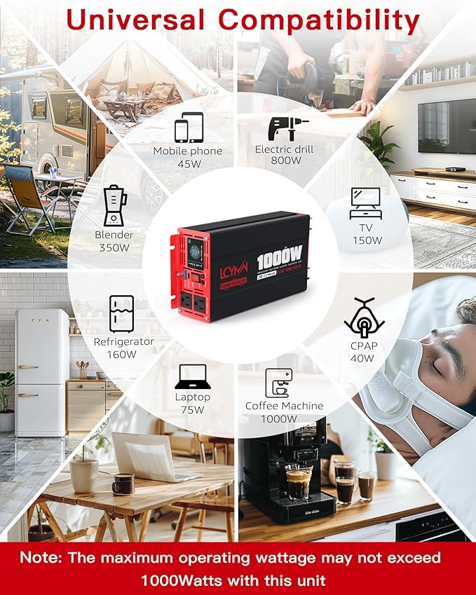 1000 Watts Pure Sine Wave Power Inverter 12V DC to 110V 120V AC Converter