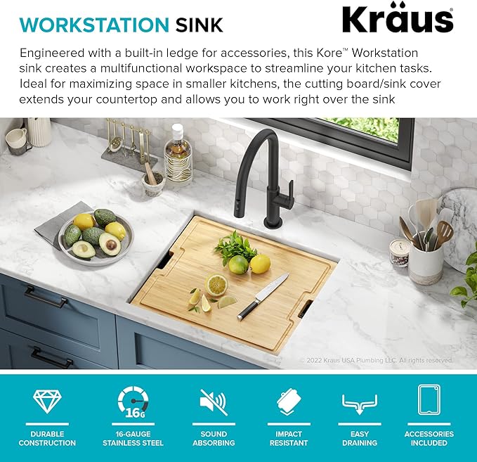 KRAUS Kore 21 Inch Undermount Workstation 16 Gauge Stainless Steel Single Bowl