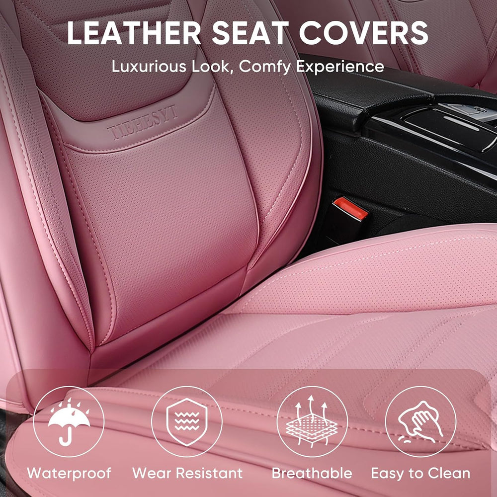 TIEHESYT Pink Car Seat Covers Full Set, Breathable Leather Automotive Front a...
