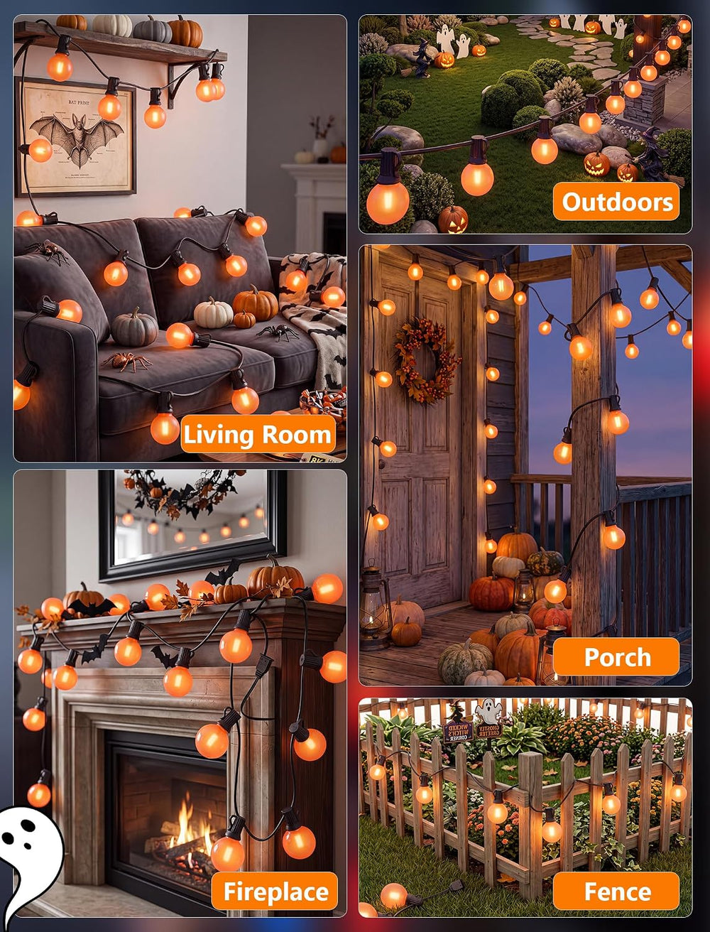 50FT Halloween Orange G40 LED Outdoor String Lights Plug in, 25 Globe Bulbs