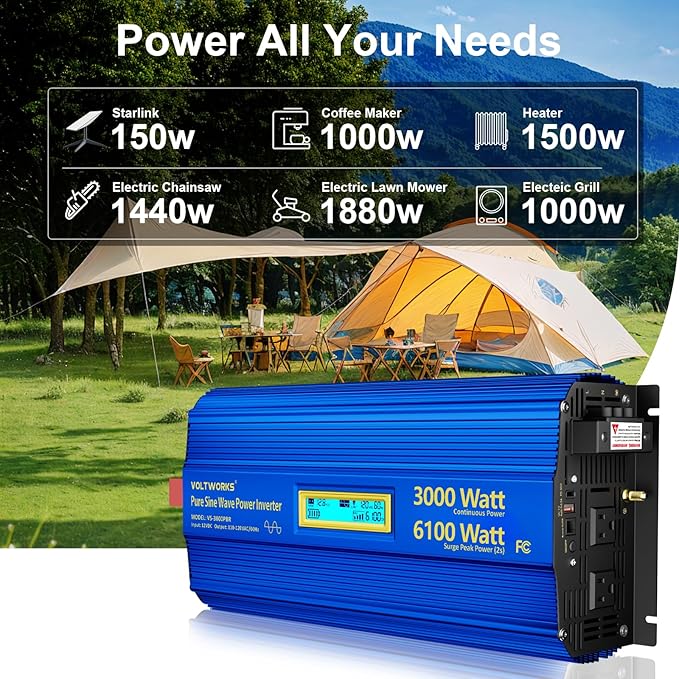 3000 Watt Pure Sine Wave Power Inverter 3000W 12V to 110V 120V AC, 6000W Surge