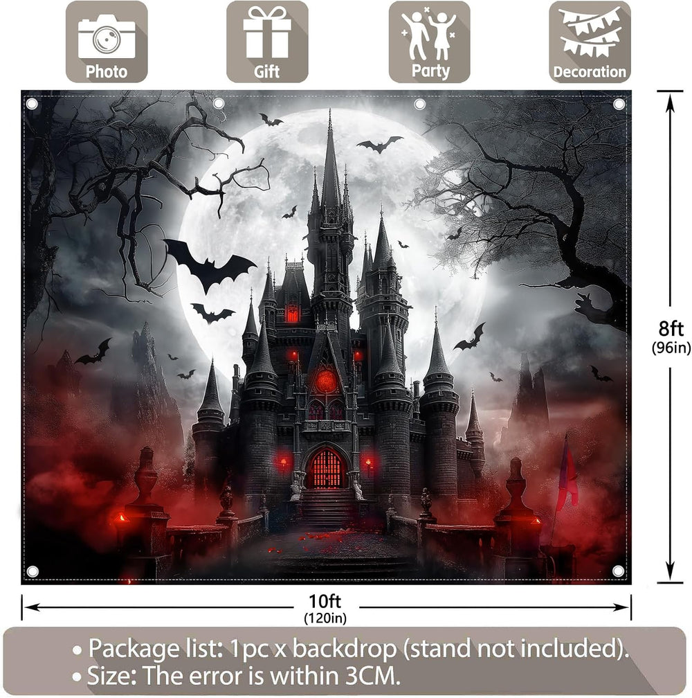 10x8ft Halloween Horror Castle Backdrop Full Moon Night Banner