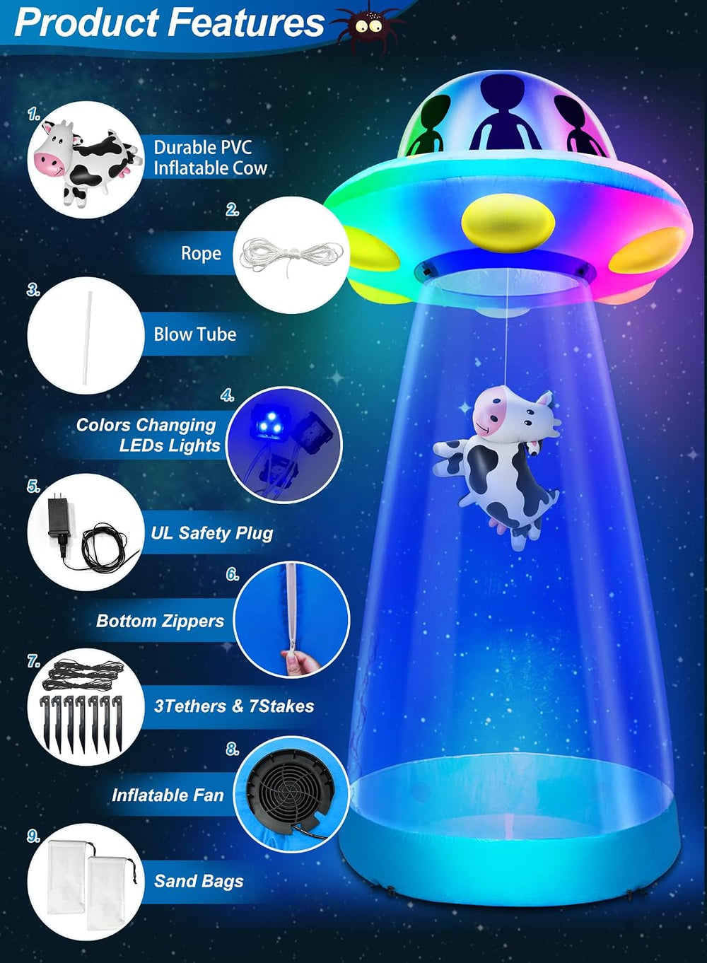 TURNMEON 10 Ft Tall Halloween Inflatable UFO Cow Abduction Decorations