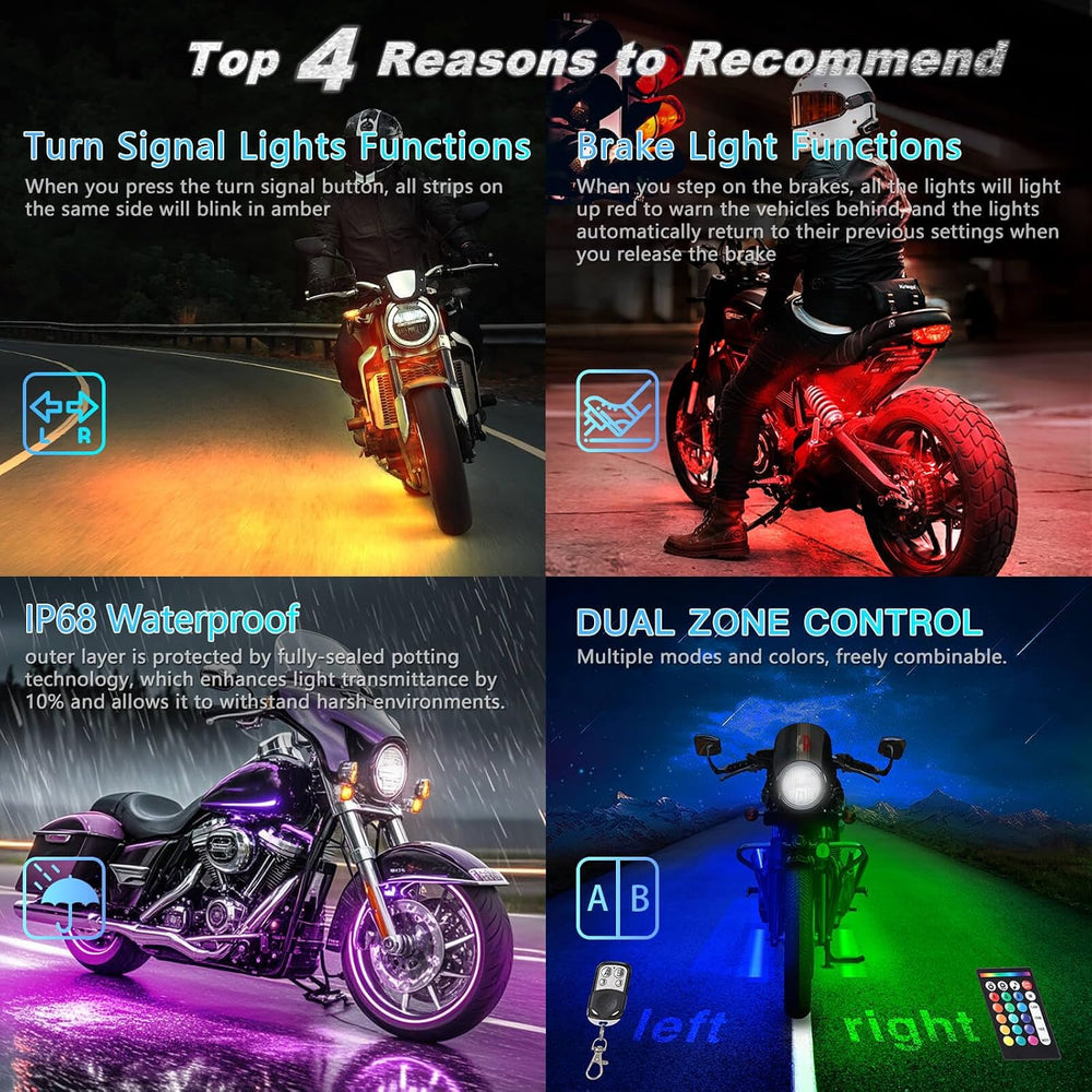 8PCS Motorcycle RGB LED Accent Lights with APP & RF Remote, Waterproof Fr...