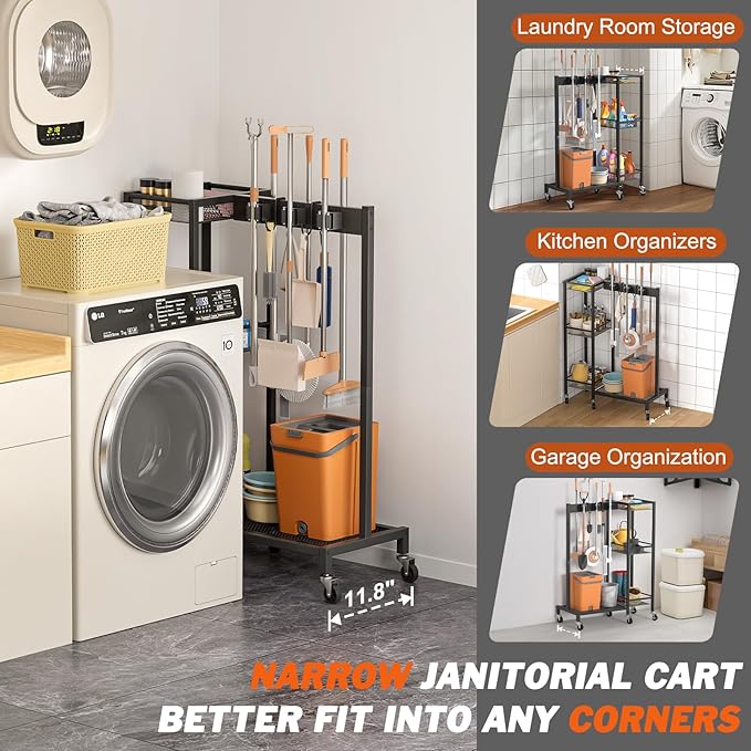 Broom Holder with Cleaning Supplies Organizer, Broom Closet Storage Cabinet