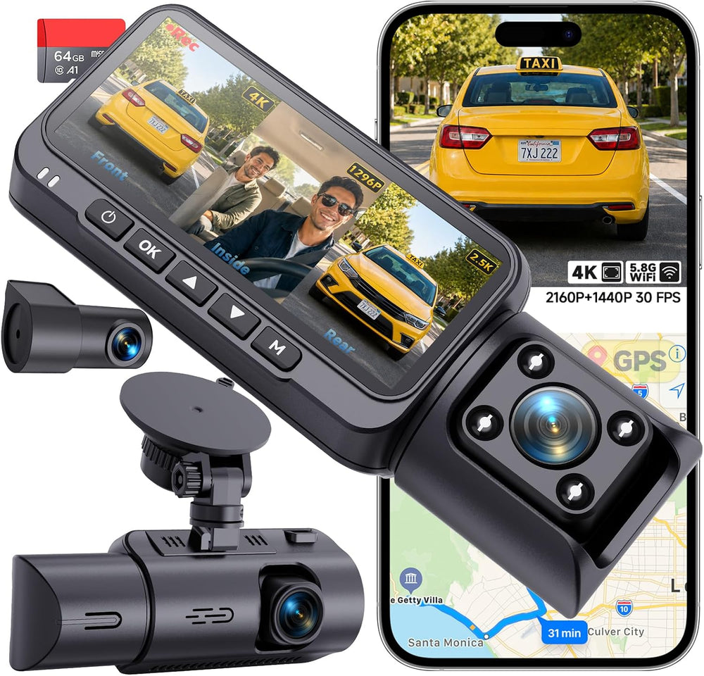 4K+2.5K+1296P 3 Channel Dash Cam: Front Rear Inside Car Camera, 64GB Card