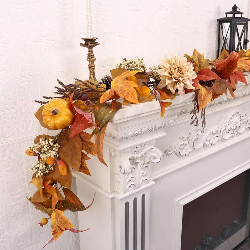 Fall Garland 6Ft Lifelike Autumn Maples Leaf Pumpkin Garland with Berries Pin...