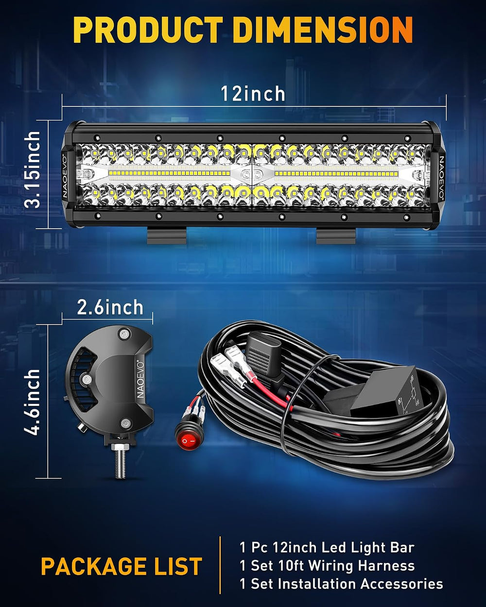 NAOEVO 12 Inch LED Light Bar with Wiring Harness, Offroad/Fog Lights, White