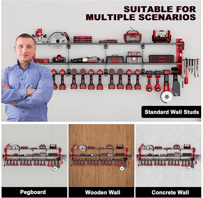 64" Power Tool Organizer Wall Mount, 16 Slots, 3-Tier Drill & Cordle...