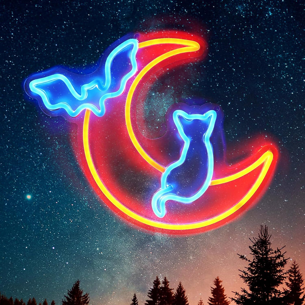 Halloween Neon Sign Wall Decor - Moon&Bat&Cat Themed Halloween LED Li...