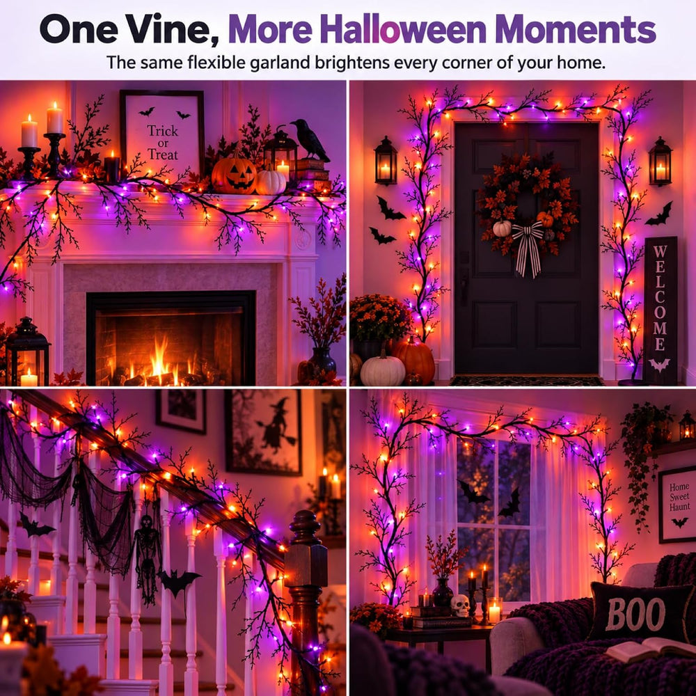 Halloween Garland with Orange & Purple Lights, 9 FT Bendable Black Branch