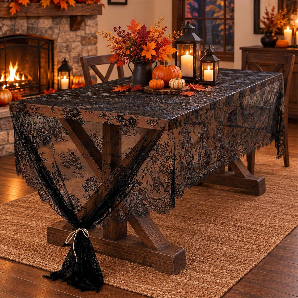 3Pcs Black Lace Tablecloth 60x120 Inch Rustic Halloween Home Decor