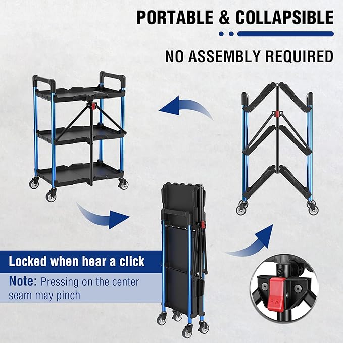 WORKPRO 3-Tier Collapsible Service Cart, 210 LBS Foldable Utility Service Cart