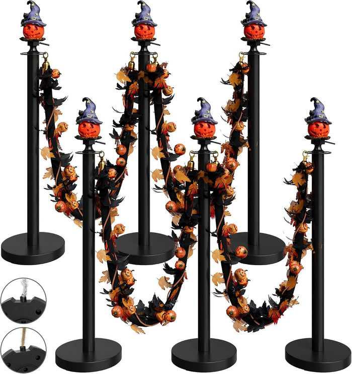 6 Pack Halloween Hat Pumpkin Head Black Stanchions and Velvet Ropes Set, Stainless Steel Crowd Control Barriers, 4Pcs Black Ropes and Poles for Party,Photobooth Accessories, Prom,Halloween Decorations