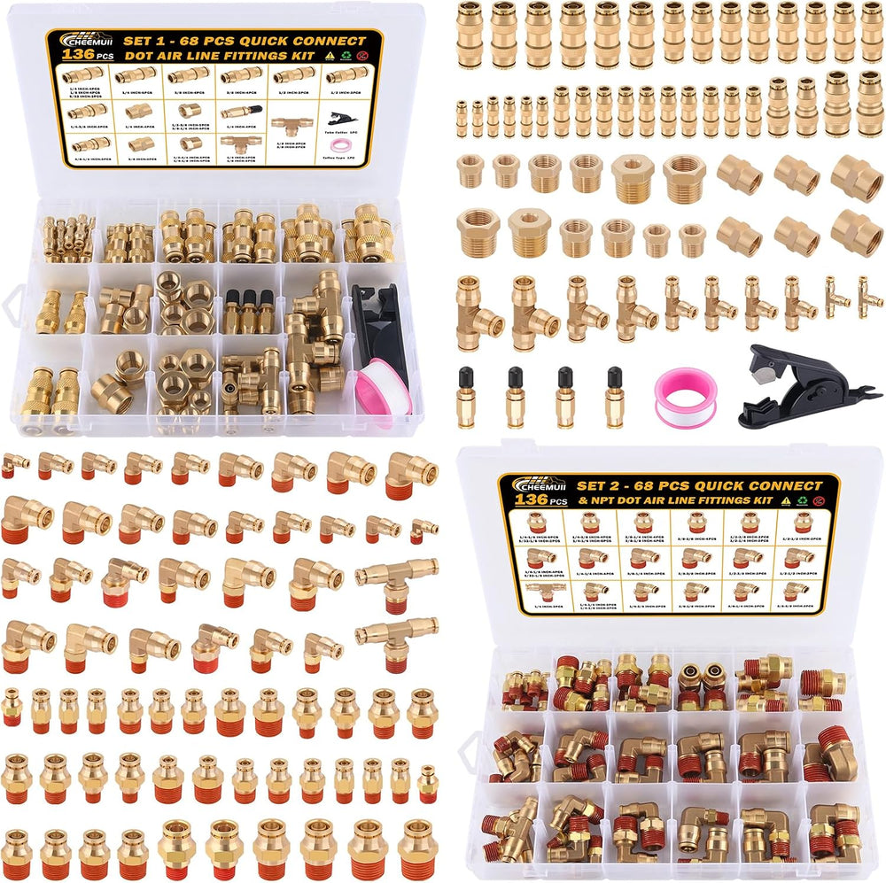CheeMuii 136 Pcs Brass DOT Air Line Fittings Kit Push Lock DOT Air Fittings