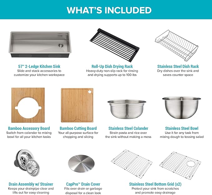 KRAUS Kore 57-inch Undermount Workstation 16 Gauge Single Bowl Stainless Steel