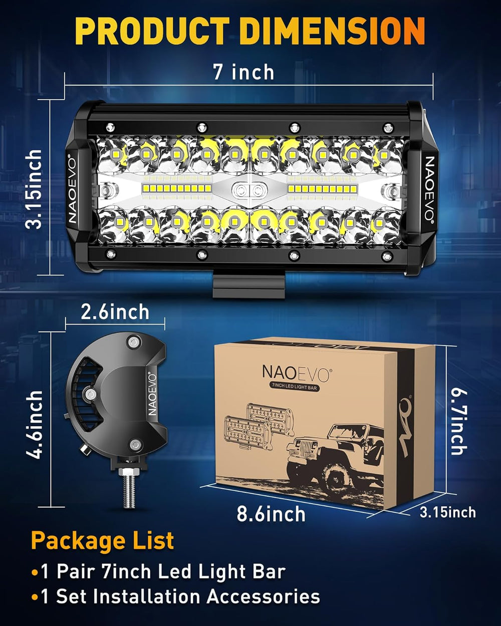 NAOEVO 7 Inch LED Light Bar, 240W 24,000LM LED Fog Lights, White