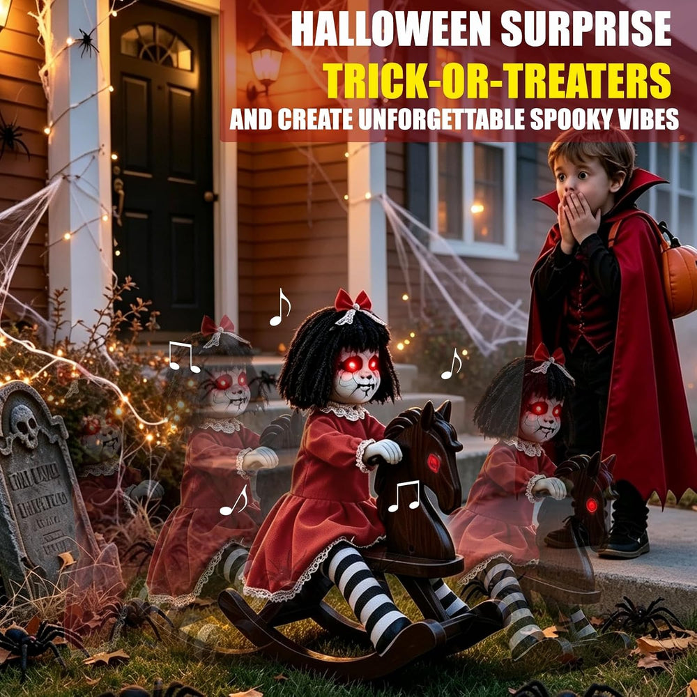 Halloween Animatronic Decorations Girl Doll on Rocking Horse with Lights