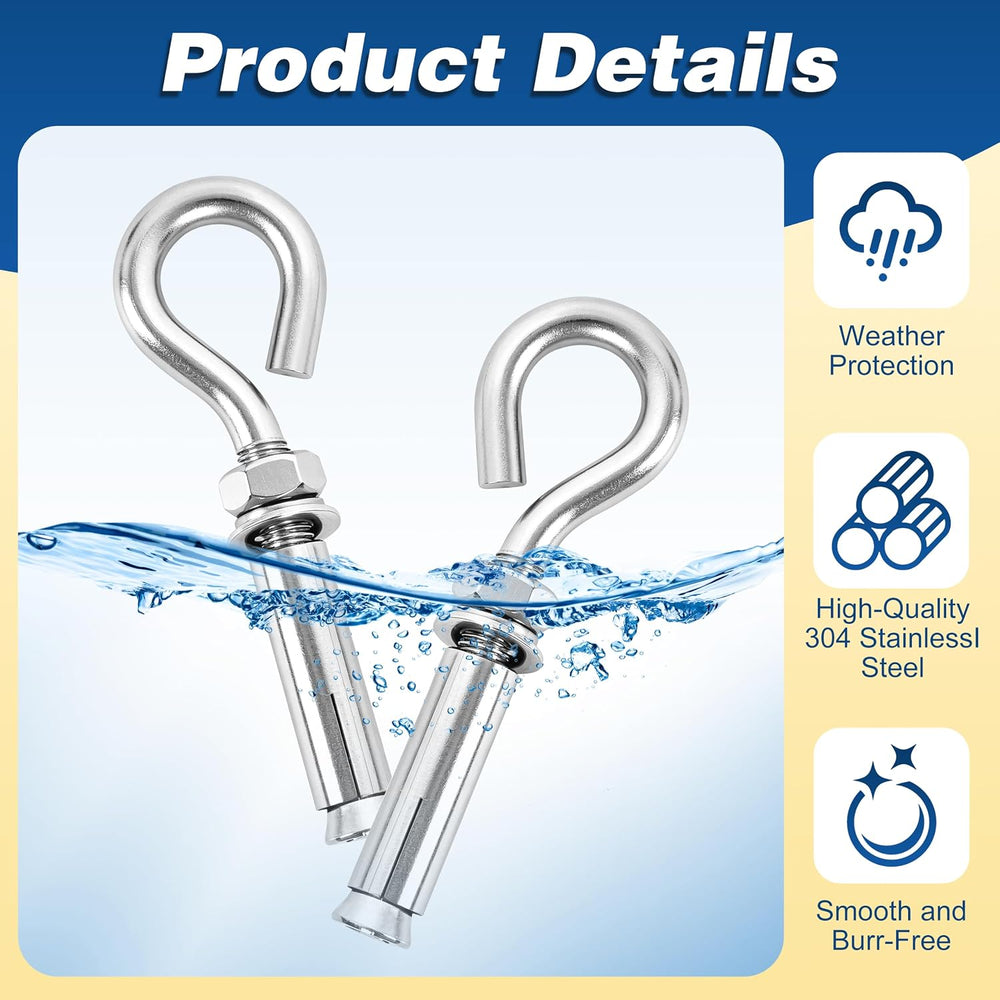 12 Pack 3/8" X 4-1/2" 304 Stainless Steel Concrete Eye Bolt Anchors
