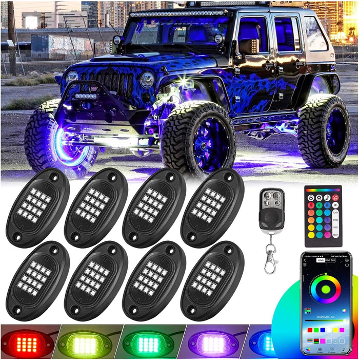 RGB LED Rock Lights Kit, 8 Pods Rock Light for Jeeps Truck Golf Cart ATV UTV RZR SUV Offroad Pickup, Waterproof Multicolor Underglow Kit with APP Remote Control Music Neon Vehicle Underbody Light 12V