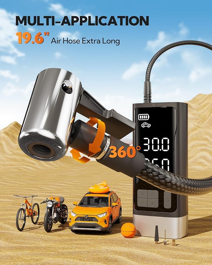 Portable Tire Inflator with Dual-Cylinder, 5 x Fast Inflation Car Air