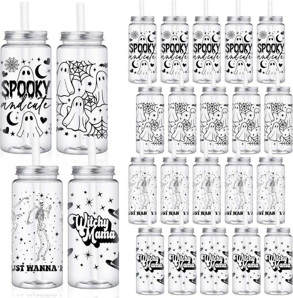 Meanplan 24 Pcs Halloween Ghost Plastic Cup with Lids and Straws Bulk 14 oz