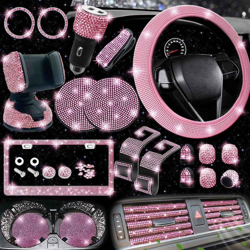 NBTEPEM 27-Piece Bling Car Accessories Set - Universal Fit Steering Wheel Cov...