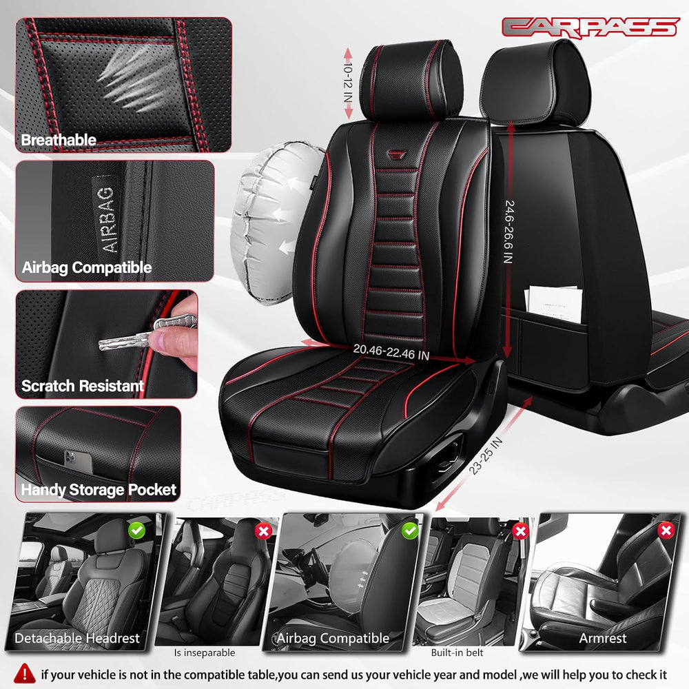 CAR PASS Nappa Leather Seat Covers, Universal FIT Piping Leather Car Seat Cov...