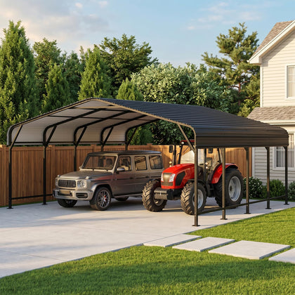 20x20 FT Metal Carport, Outdoor Heavy Duty 2 Car Carport with Reinforced Galvanized Steel Frame and Steel Roof, All-Weather Garage Car Port Shelter for Cars, Trucks, Boats and Tractors, Black