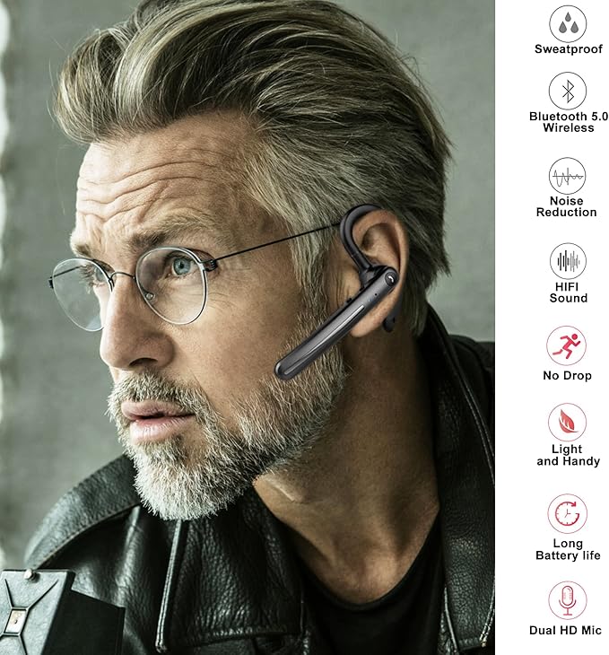 IHAO Single Ear Wireless Bluetooth Earphone Noise Cancelling Stereo Dual HD Mic