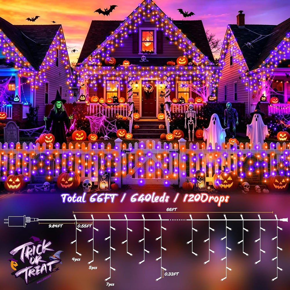XURISEN 66FT 640 LED Orange Purple Halloween Lights Outdoor Decorations