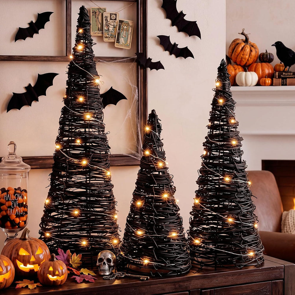 Jenaai 3 Lighted Halloween Rattan Trees 24" 16" 12", Cone Tree...