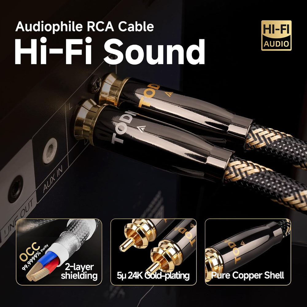 TODN Audiophile RCA Cables 10ft OCC Dual Shielded for HiFi Stereo Audio