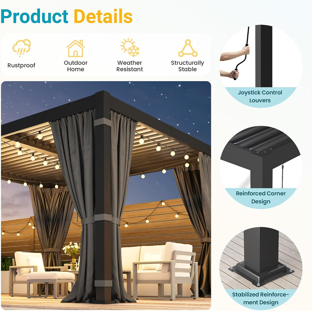 10' x 12' Pergola with Curtain & Adjustable Roof & Aluminum F...
