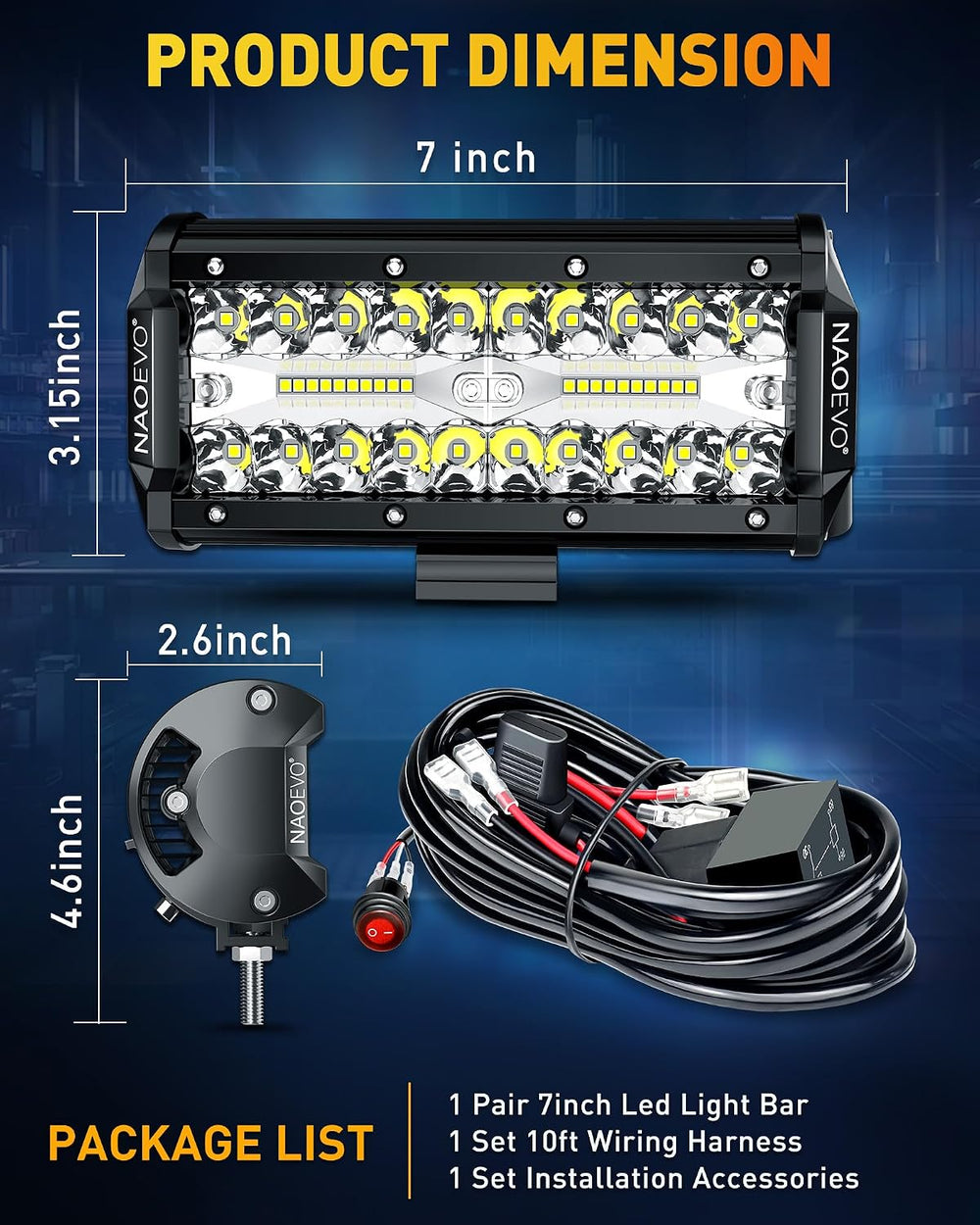 NAOEVO 7 Inch LED Light Bar, White Off Road/Fog Lights with 2-Lead Harness
